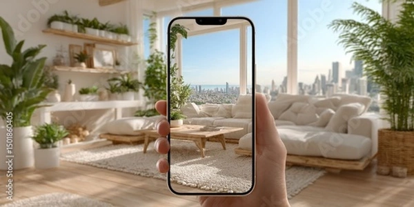 Obraz Person Using Augmented Reality to View 3D Furniture in Modern Bright Room