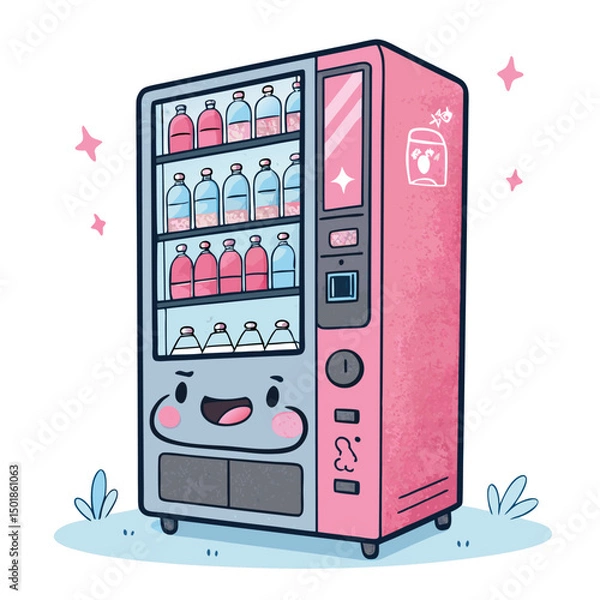 Obraz A cute, kawaii-style vending machine overflowing with empty, clear plastic bottles, pastel-colored background.