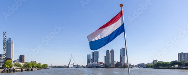 Fototapeta Panoramic view with Dutch flag from cruise ship of Erasmus bridge and Kop van Zuid peninsula in Rotterdam The Netherlands