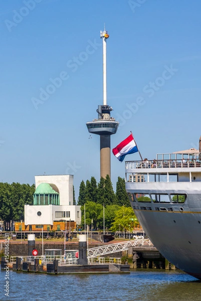 Fototapeta CSkyline with famous Euromast tower and floating Chinese restaurant in Rotterdam The Netherlands