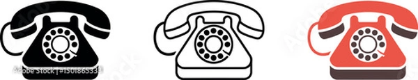 Fototapeta Vintage Rotary Telephone Icon Set Black Outline and Red Vector Illustrations