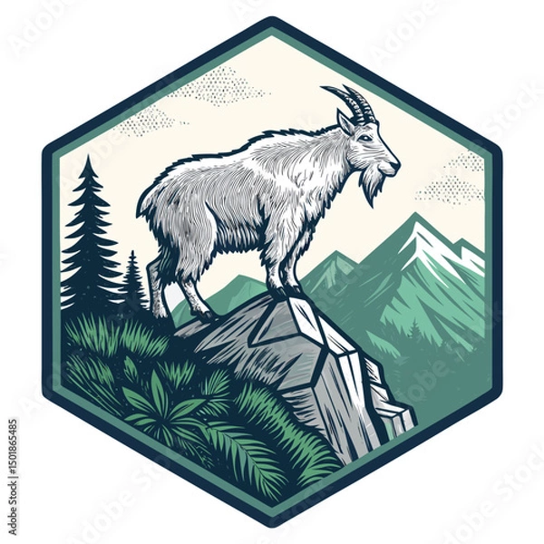 Obraz A majestic mountain goat stands proudly atop a jagged, rocky peak within a surreal, geometric hexahedron.