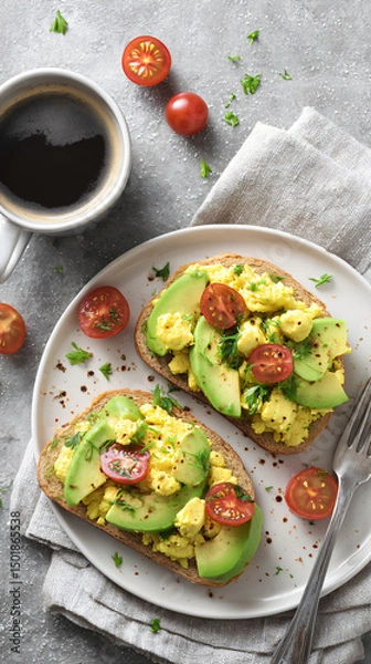 Obraz Top view of fresh vegan breakfast with avocado toast and tofu scramble