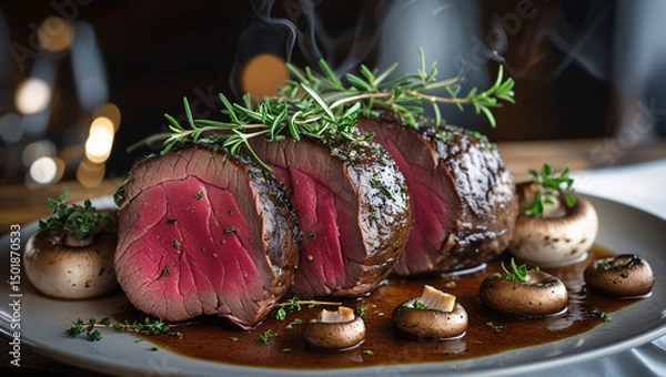 Obraz This is a roasted beef tenderloin. Beef tenderloin is a prime cut known for its exceptional tenderness. 