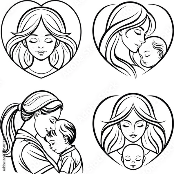Fototapeta Mother and Child Heart Shaped Line Art Illustrations