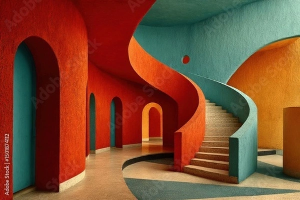 Fototapeta Modern Curved Architecture with Vibrant Red and Blue Tones