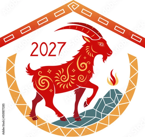 Fototapeta Logo-symbol of the new year 2027 red fire goat. Ornament red fire goat. Chinese New Year 2027. Illustration for a banner with the symbol of the new year. Red fire goat - symbol of the new year 2027
