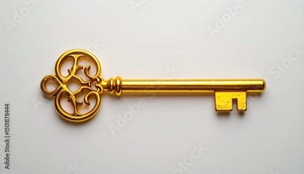 Obraz Ornate golden key on white surface. Highlights show detail
