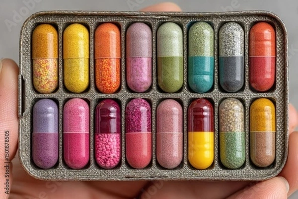Fototapeta Hands Holding a Colorful Pill Box with Capsules from a Top View