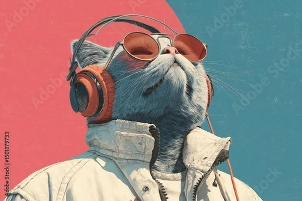 Obraz Fantasy Cat-Headed Music Lover in White Jacket with Sunglasses and Headphones