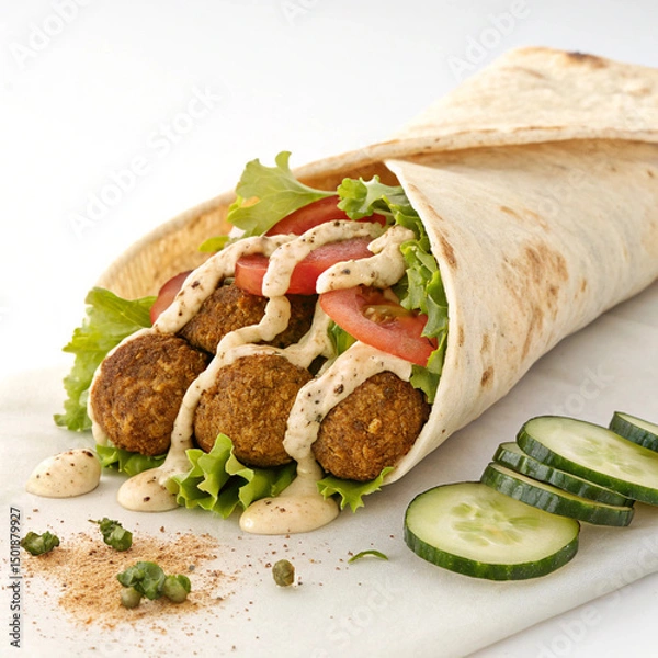 Fototapeta Crispy Falafel Wrap with Hummus and Fresh Vegetables