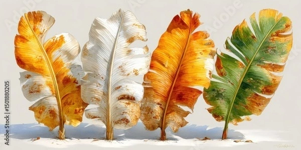 Obraz Watercolor Dry Banana and Palm Leaf Set on White Background