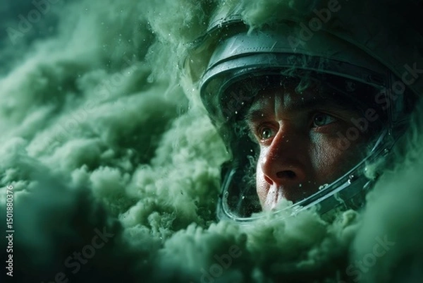 Fototapeta Astronaut Surrounded by Mystical Green Smoke in Space Scene