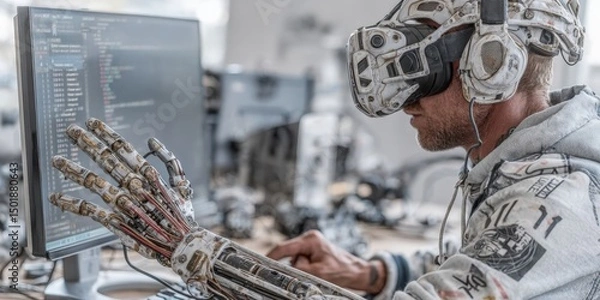 Fototapeta Student Engineer Using Virtual Reality and Joysticks to Control Bionic Limb in Modern Tech Lab