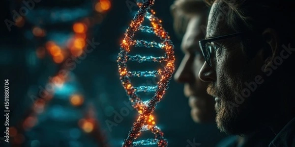 Fototapeta Physician and Patient Reviewing Holographic DNA Model for Precision Medicine