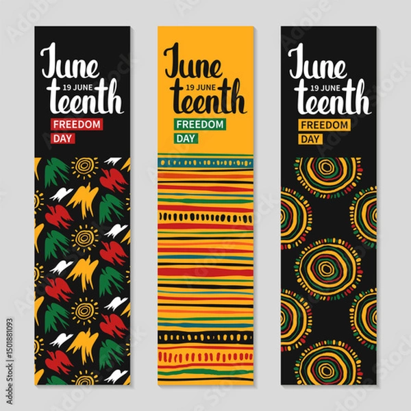 Fototapeta Wide skyscraper Juneteenth banner set. African abstract ethnic pattern. Struggle for freedom. Holiday long vertical background. Vector flat illustration.