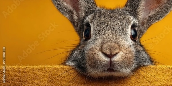 Obraz Cute Easter Bunny Peeking Out from Bright Yellow Background