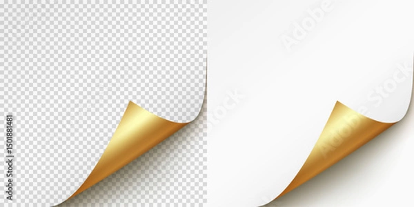 Obraz Curled page corner isolated on transparent and white background. Blank curve paper edge, bent sheet, note angle with realistic shadow. Vector rolled up stickers, peel banners