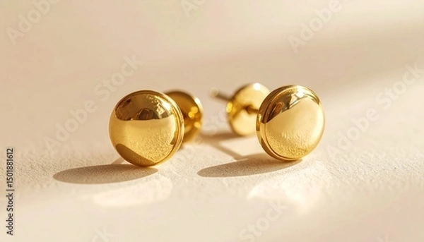 Obraz Two gold, round, polished stud earrings casting soft shadows on a textured off-white surface