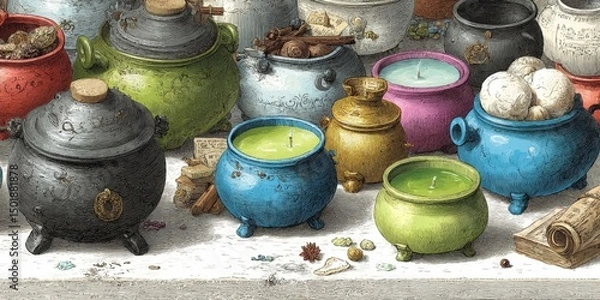 Obraz Seamless Colorful Hand-Drawn Cauldron Pattern for Witchcraft and Potion Making