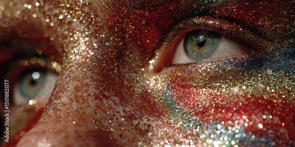 Obraz Close-Up of Person's Face with Aesthetic Glitter and Colorful Makeup