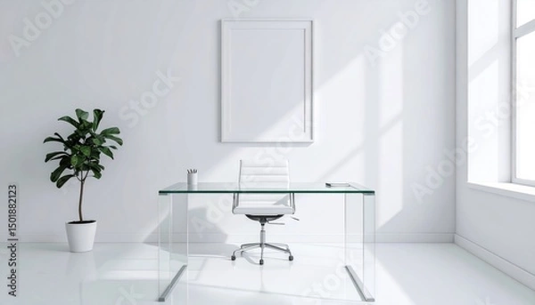 Obraz Bright, minimalist office white walls, glass desk, chair, plant, frame, natural light
