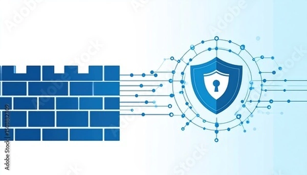 Obraz Firewall Security shield protects from brick wall via connected nodes