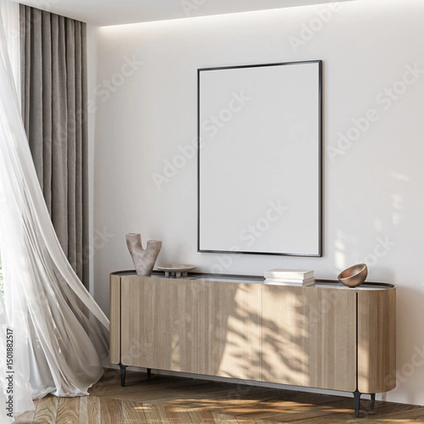Fototapeta Frame mockup, ISO A paper size. Living room wall poster mockup. Interior mockup with house background. Modern interior design. 3D render

