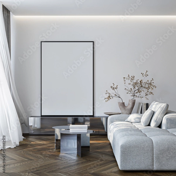 Fototapeta Frame mockup, ISO A paper size. Living room wall poster mockup. Interior mockup with house background. Modern interior design. 3D render

