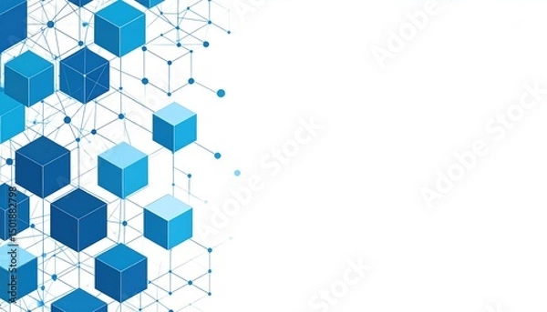 Obraz Blue cubes interconnected by lines and dots form a network pattern on a white background