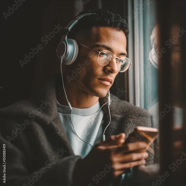 Fototapeta Stunning high-resolution photos of a multinational young man who spends most of his time on the Internet, listening to podcasts and training courses without leaving his home. Captured emotions