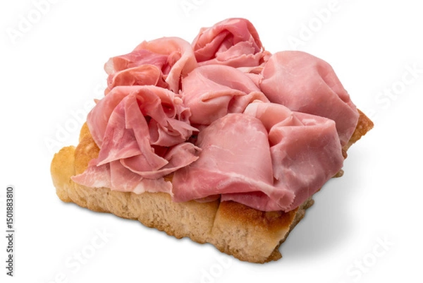 Obraz Slice of Genoa flatbread with slices of ham on top, tasty flatbread snack isolated