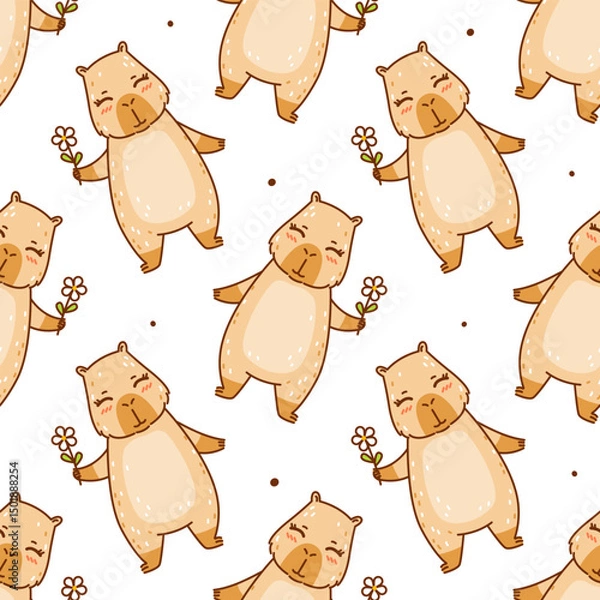 Obraz Seamless pattern with cute сartoon capybara with flower on white  - funny animal background for Your happy summer design