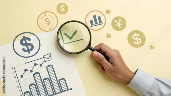 Fototapeta Quality control and certification assurance concept. Magnifying glass over checkmark certification and quality assurance icons, standard compliance, approval, and business quality control. certificate
