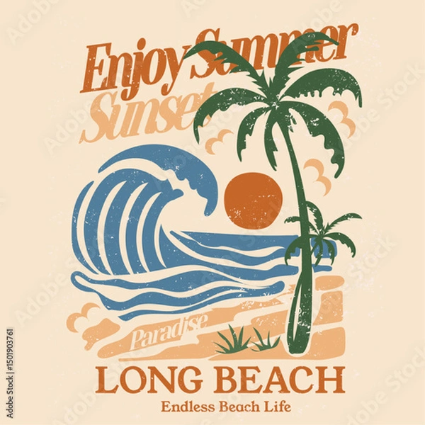 Fototapeta hand drawn beach prints. sunset beach prints and poster. Sunset beach paradise in long beach. endless beach life slogan. tropicalsummer  vintage retro vector graphics. summer t-shirt design.