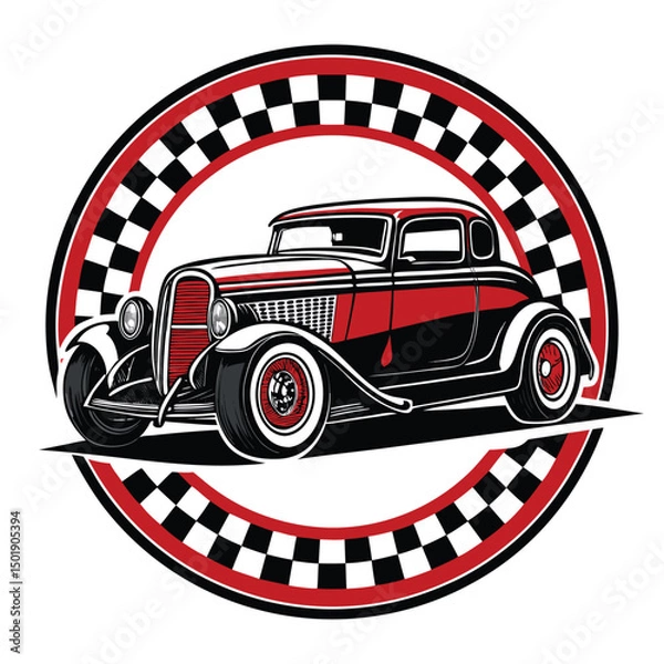 Obraz Design a vector logo for a classic hot rod coupe, featuring a checker flag pattern.  The style should be vintage and bold.