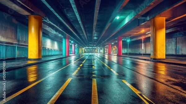 Fototapeta Colorful Urban Underpass with Reflections on Wet Street at Night