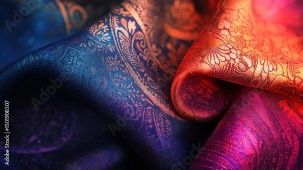 Fototapeta Elegant Fabric Texture with Intricate Golden Patterns and Colors