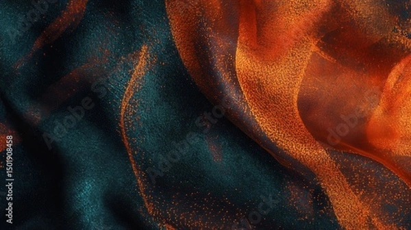 Fototapeta Elegant Flowing Silk Texture in Deep Teal and Bright Orange Hues