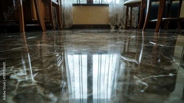 Fototapeta Elegant Marble Floor Reflecting Light in a Modern Dining Area