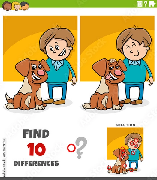 Obraz differences puzzle activity with happy cartoon boy and his puppy