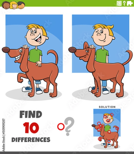 Obraz differences puzzle game with happy cartoon boy and his dog
