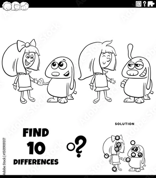 Obraz differences puzzle activity with cartoon girl and her puppy coloring page