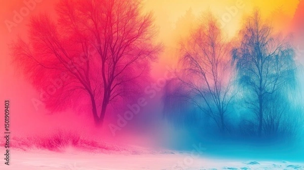 Fototapeta Ethereal Winter Landscape with Colorful Mist and Trees in Background