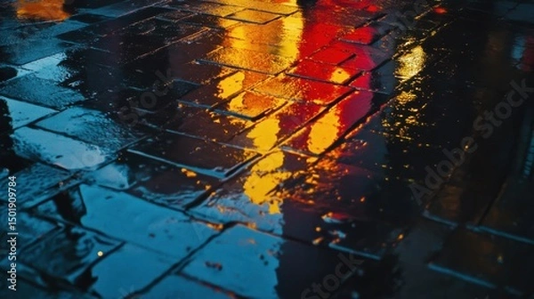 Fototapeta Glowing Reflections on Wet Pavement After Rain in Urban Environment