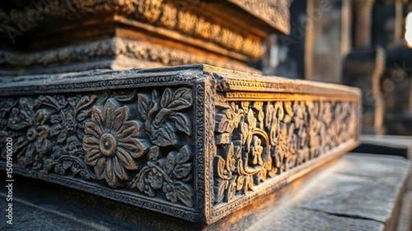 Fototapeta Intricate Stone Carving with Floral Designs in Soft Light