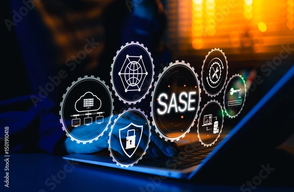 Obraz SASE Secure Access Service Edge Cybersecurity Concept. Digital representation of SASE framework with icons for cloud, security, access control, network, support, and secure cloud-based IT solutions.