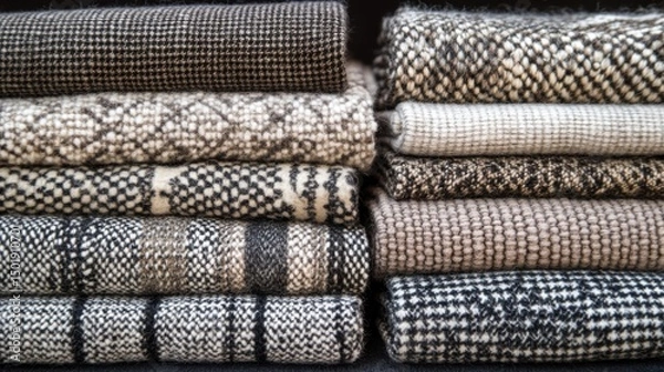 Fototapeta Neatly Stacked Textures and Patterns of Cozy Winter Fabrics