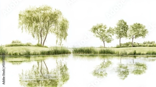 Fototapeta Serene Nature Landscape with Trees and Reflections in Water Body