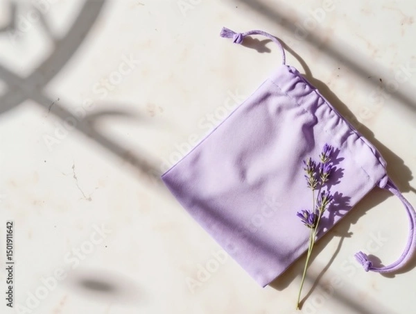 Obraz Lavender drawstring pouch with flowers on marble background  